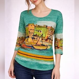3/$30 JANE ASHLEY Teal Graphic Cityscape Beaded Cotton Blouse